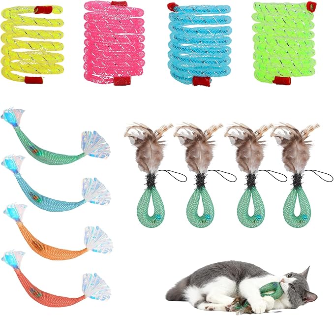 12 Pcs Cat Chew Rope, Interactive Chew Toys Set - Crinkle Jingle Elastic Rope, Gall Fruit Feather Refill & Mesh Spring Toys for Kittens & Adult Indoor Cats