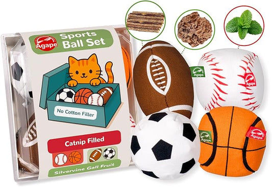 Agape 100% Catnip & Silvervine Filled Cat Toys, Interactive Chew & Kicker Balls for Indoor Cats, Enrichment and Teeth Cleaning Fun for Bored Cats and Kittens, 4 Pack Natural Crinkle Cat Toy with Sound