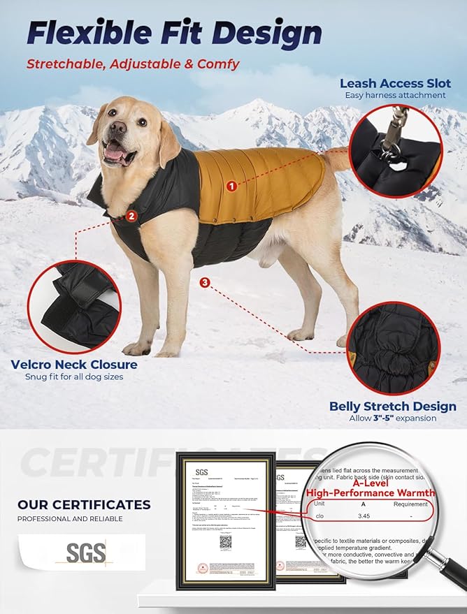SPACE LION Dog Puffer Jacket, Down Winter Coat, Durable Outdoor Coat for Cold and Windy Conditions, Lightweight & Adjustable Fit Coats for Large Dogs, (BlackKhaki, Size24/2XL)