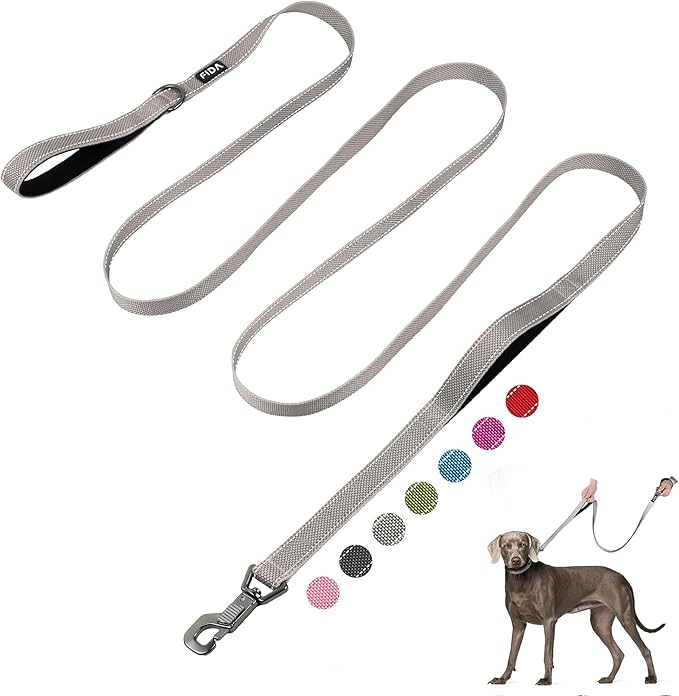 Fida 10ft Heavy Duty Dog Leash with 2 Comfortable Padded Handles, Traffic Handle & Advanced Easy Snap Hook, Reflective Walking Lead for Large, Medium & Small Breed Dogs, Grey
