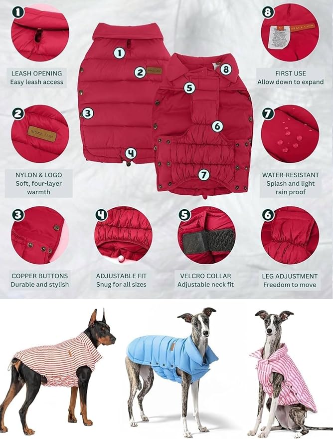 SPACE LION Dog Puffer Jacket, Down Winter Coat, Durable Outdoor Coat for Cold and Windy Conditions, Lightweight & Adjustable Fit Coats for Small Dogs, (Red, Size8/XS)