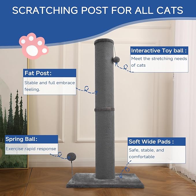 Cat Craft Bobcat Cat Scratching Post for Indoor Cats, Tall Cat Scratch Post, Carpet Cat Scratching Post with Replaceable Toys, Sturdy Base, Large, Gray
