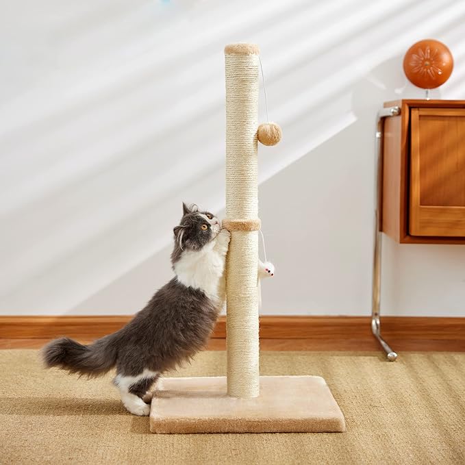 MeowHomm 32” Tall Cat Scratching Posts for Indoor Cats Adults with 2 Hanging Ball, Large Cat Scratch Post Cat Scratcher Includes Sisal Rope(Yellow)