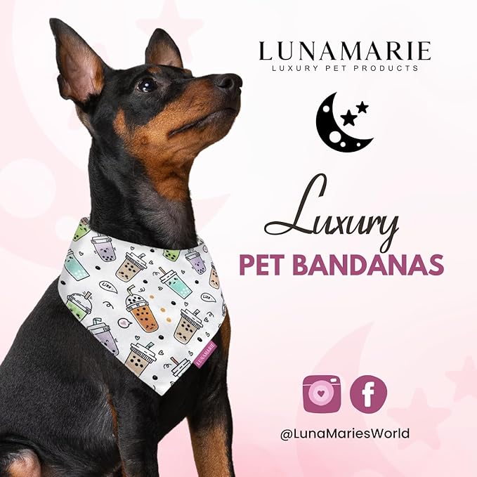 LunaMarie - Luxury Pet Birthday Bandanas -Premium & Silky Poly Fabric | 100% Handmade | Custom Shape Dual Layered (Boba, Medium)