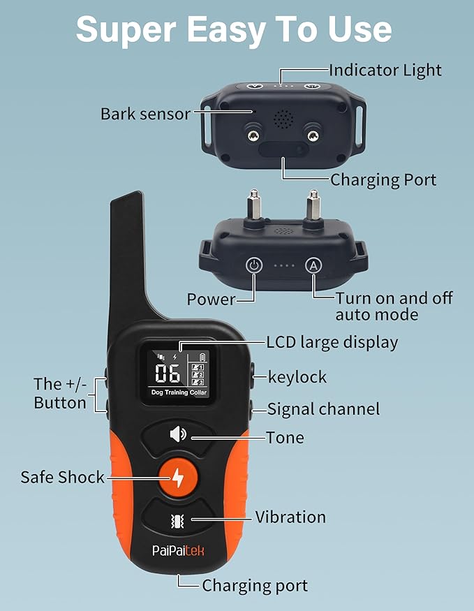 PaiPaitek Bark Activated Shock Collar with Remote - Automatic Bark and Training Collar Combo 3300ft Range, Bark Shock Collar for 40-150lbs Medium Large Dogs - IPX7 Waterproof