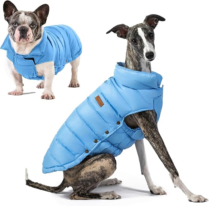 SPACE LION Dog Puffer Jacket, Down Winter Coat, Durable Outdoor Coat for Cold and Windy Conditions, Lightweight & Adjustable Fit Coats for Medium Dogs, (Blue, Size14/L)