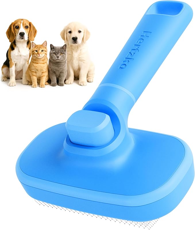 Hertzko Self Cleaning Slicker Brush for Cats & Dogs – Grooming Tool for Shedding Long & Short Hair – Retractable Bristles Pet Brush – Easy-Clean Cat & Dog Deshedding – Painless Detangling - Blue