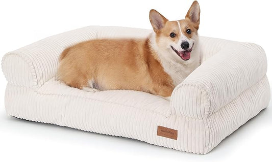 FUKUMARU Cute Dog Bed, Waterproof Corduroy Dogs Couch, 36in Orthopedic Pet Sofa for Medium to Large Dogs Dog, Warm Cotton Pet Bed with Washable Cover, Cream