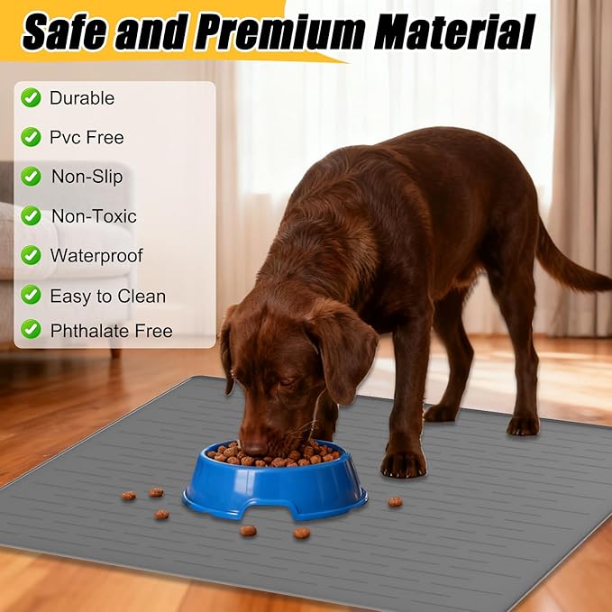 1.5MM Super Thick Dog Food Mat, 48"x32" Silicone Dog and Cat Mats for Food and Water Bowls, Waterproof Pet Feeding Mat for Contain Spills Protects Floors, Multiple Colors & Sizes for Pets, Brown
