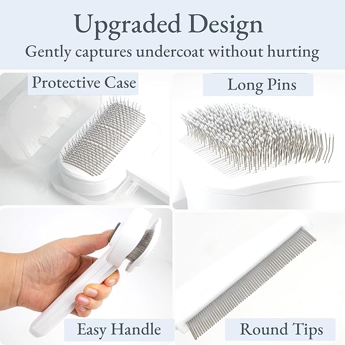 Self-Cleaning Slicker Brush for Dogs & Cats, 3-in-1 Grooming Kit with Detangling Comb & Storage Box, Deshedding Tool for Long Short Hair Pets, Skin-Friendly Brush Prevents Matting & Tangles