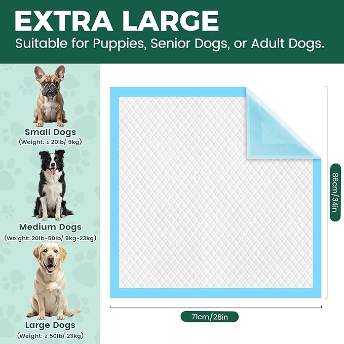 100 Count Dog Pee Pads Extra Large 28"x34", Super Absorbent X-Large 100 Pack Puppy Pads Leak-Proof & Quick-Dry Disposable XL Potty Pee Pads for Dogs, Puppies, Doggy