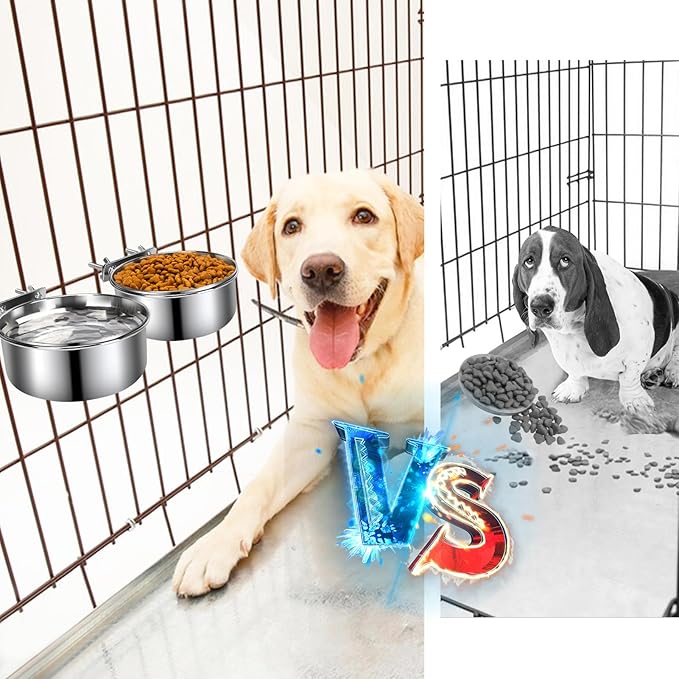 Dog Kennel Food and Water Bowls, 2 Pack Hanging Metal Dog Bowls No Spill, Stainless Steel Pet Dish for Small & Medium Breed Pets (6.3 x 2.6” & 5.5 x 2.4”)