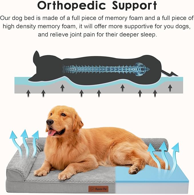 Orthopedic Dog Beds for Large Dogs, Memory Foam Dog Beds Large Sized Dogs, Washable Removable Cover, Nonskid Bottom, Waterproof, for Indoor, Outdoor, Crate ＆ Car Use, 41x27x6 Inches, Light Grey
