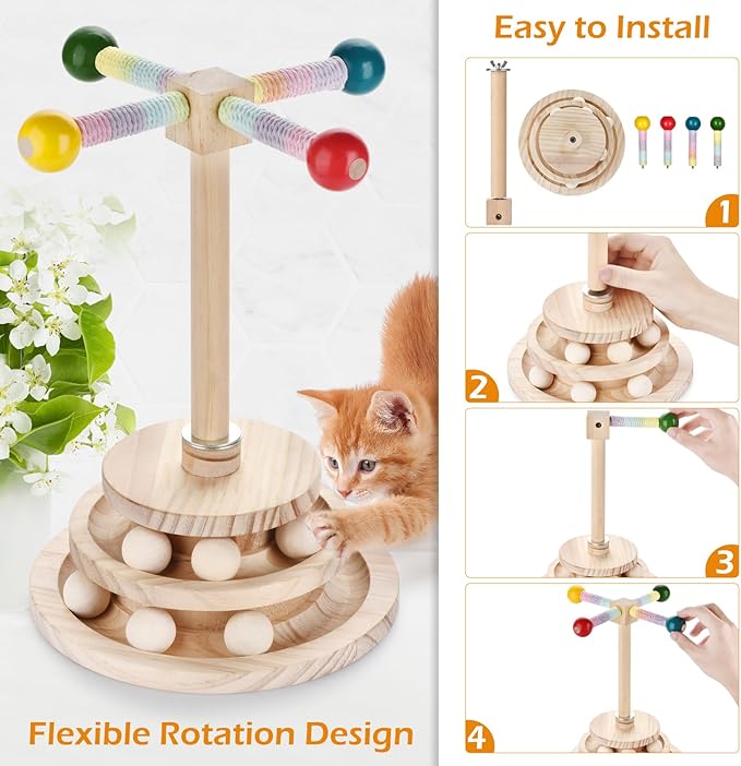 2-in-1 Wooden cat Toy, Interactive Multi-Layer Ball Track and Rotating cat Teaser Stick - Durable Natural Wood Made Puzzle Sports Toy for Kittens