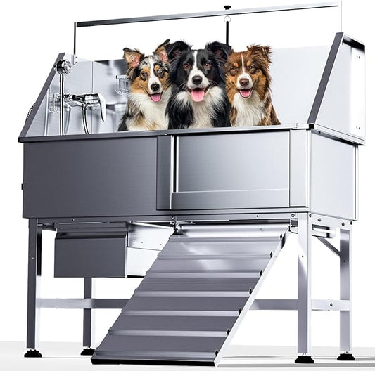 46" Dog Washing Station, Professional Stainless Steel Dog Bathtub for Large, Medium & Small Pet. Height Adjustable Grooming Tub W/Drawer, Ramp, Floor Grate & Fauct(Right Ramp)