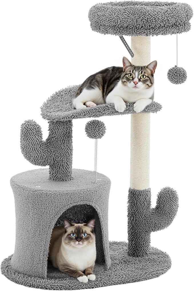 Sweetcrispy 33" Cat Tree Tower for Indoor Cats, Small Cat Scratching Post with Curved Bed, Cat Tree with Cat Condo for Adult, Grey