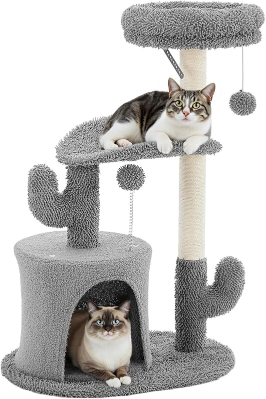 Sweetcrispy 33" Cat Tree Tower for Indoor Cats, Small Cat Scratching Post with Curved Bed, Cat Tree with Cat Condo for Adult, Grey