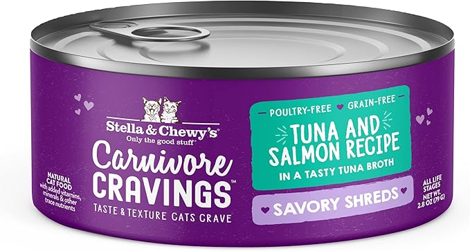 Stella & Chewy's Carnivore Cravings Savory Shreds - Wet Cat Food - High-Moisture Formula with Premium Real Meat - Perfect for Picky Eaters - Tuna & Salmon Recipe, 2.8 oz, 12 Count