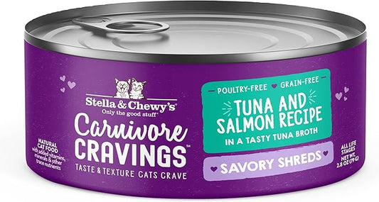 Stella & Chewy's Carnivore Cravings Savory Shreds Cans – Grain Free, Protein Rich Wet Cat Food – Wild-Caught Tuna & Salmon Recipe – (2.8 Ounce Cans, Case of 24)