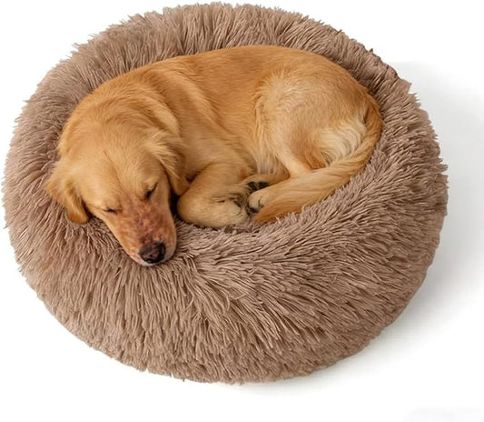 Calming Donut Dog Beds Large Sized Dog - Washable Removable Cover Non-Slip, Round Pet Bed Warming Fluffy Plush Faux Fur Anti-Anxiety Thick Cushion, Fits up to 80 lbs (Camel, 36")