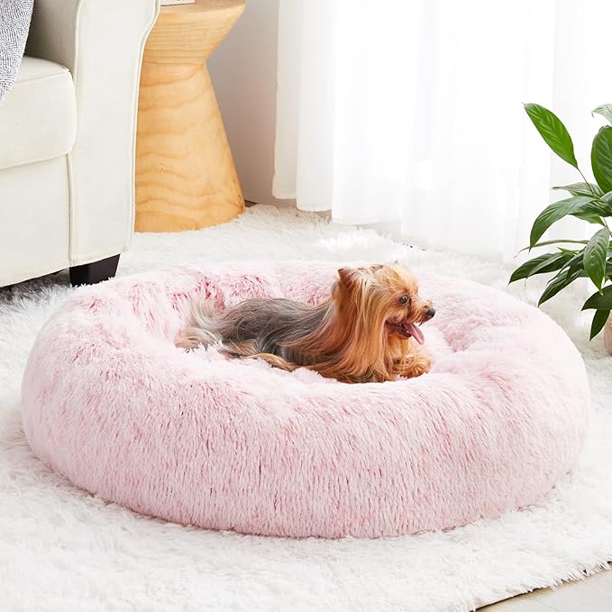 WNPETHOME Donut Dog Beds Large Sized Dog,Anti-Anxiety Caming Large Pet Bed,Fluffy Faux Fur Plush Puppy Bed，Warming Cozy Soft Round Bed for Pet, Cat Cuddler Cushion