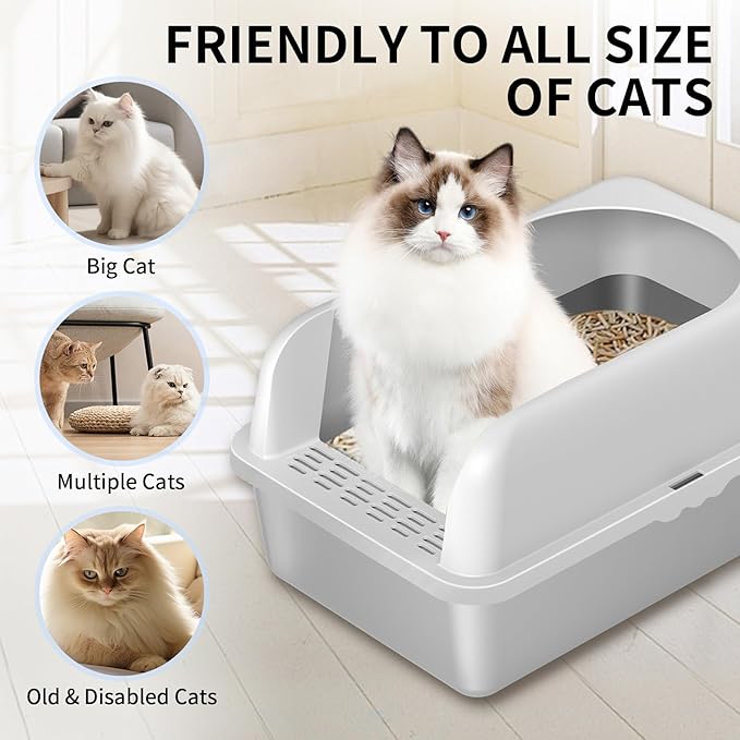 Prodigen Stainless Steel Cat Litter Box with Lid High Wall Sides Enclosure, Non-Sticky, Anti-Leakage, Easy Cleaning, with Cat Mat & Metal Scoop, 19.6" L x 14" W x 12" H, 2Pack