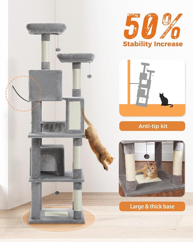 Tall Cat Tree 70.9", Large Cat Tree for Indoor Cats, Multi-Level Plush Cat Condo with 6 Scratching Posts, 2 Scratching Boards, 2 Perches, 2 Caves, Hammock, 2 Pompoms, Gray