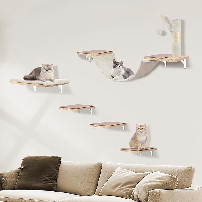 Wall Mounted Cat Climber Set, Cat Wall Shelves,with Hammock,Jumping Boards,Sofa,Steps,Scratching Post,Hanging Ball and Felt Pads, Suit for Cats Climb, Jump,Scratch-Beige