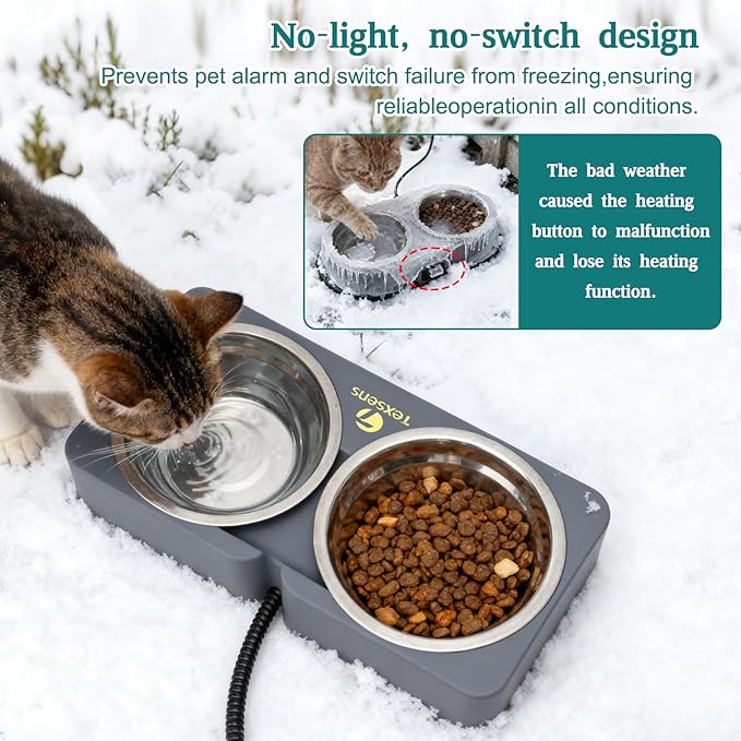 Heated Cat Bowl for Outdoor Pets - Double Stainless Steel Food & Water Bowls with Chew-Resistant Cord - Fully Waterproof Winter Feeding Station for Cats and Dogs - 20.3 OZ Each