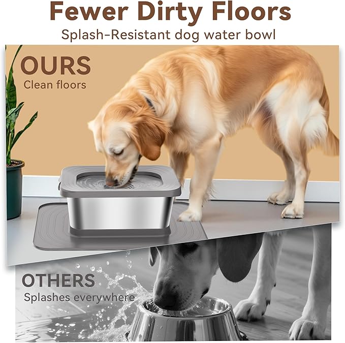 10L No Spill Dog Water Bowl, 2.6 Gal Stainless Steel No Splash Large Dog Water Bowl with Non-Slip Silicone Mat, Spill Proof Slow Drinking Pet Bowls for Messy Drinkers Indoor/Outdoor Use Gray