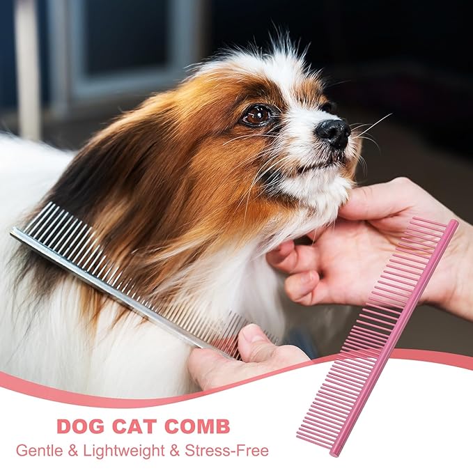 Dog Cat Comb, Pet Combs Stainless Steel Teeth with Rounded Ends for Knot Mat Loose Hair Removal, 6.5IN (Pink Coated, 3 Pack), Grooming Tool Intended for Long Curly Hair Pet
