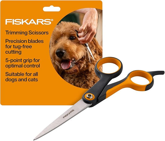 Fiskars Pet Trimming Scissors, Dog & Cat Grooming Scissors, Precision Stainless Steel Blades & SoftGrip™ Handle, Cat and Dog Supplies, 6.75”, Orange/Black