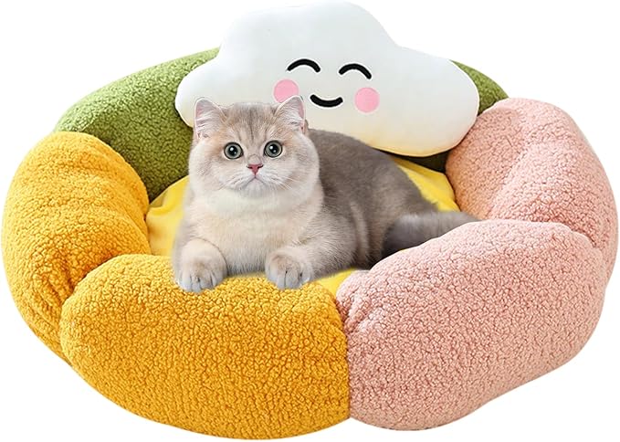 Cute Flower Cat Bed with Cloud Pillow,Calming Donut Bed for Indoor Kittens Washable Fluffy Cat Sleeping Nest Anti-Slip Bottom for Small Pet Kitten