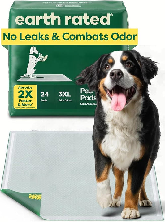 Earth Rated Max Absorbency Puppy Pee Pads for Dogs Absorbs 2X Faster & 2X More, Leak-Proof, Odor Control Potty Training, Unscented, 3XL, 36” x 36”, 24 Count