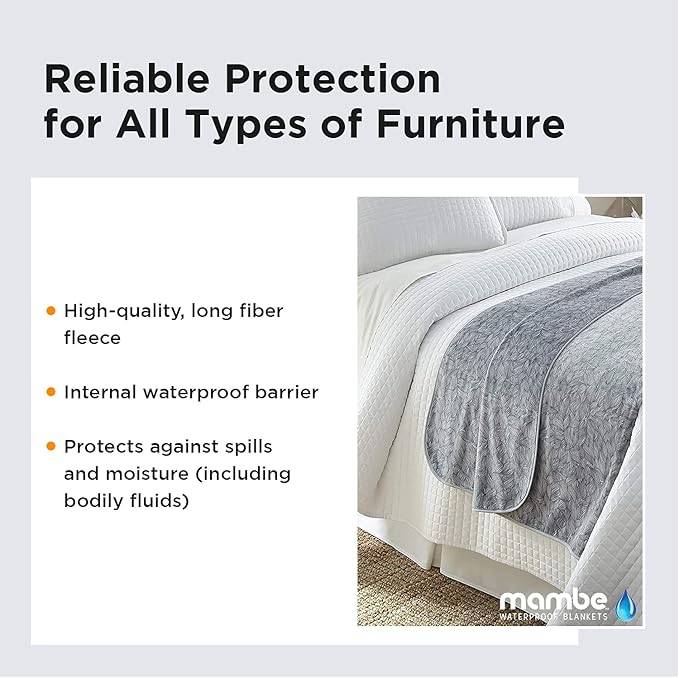 Mambe Silky Waterproof Throw for Protecting Furniture Bed Couch from Stains Caused by Dogs, Cats, Incontinence. Soft, Washable, Reversible. (Size Long/Sofa 70x120 inches, Color Serene)