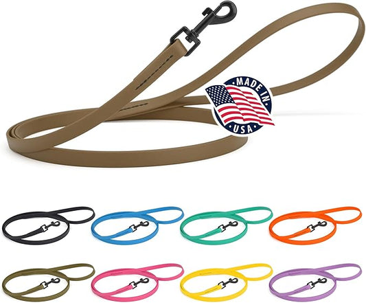 Dogline Biothane Waterproof Dog Leash Strong Coated Nylon Webbing with Black Hardware Odor-Proof Easy to Clean High Performance for Small or Large Dogs Made in USA 4 or 6 ft Lead, Coyote Brown
