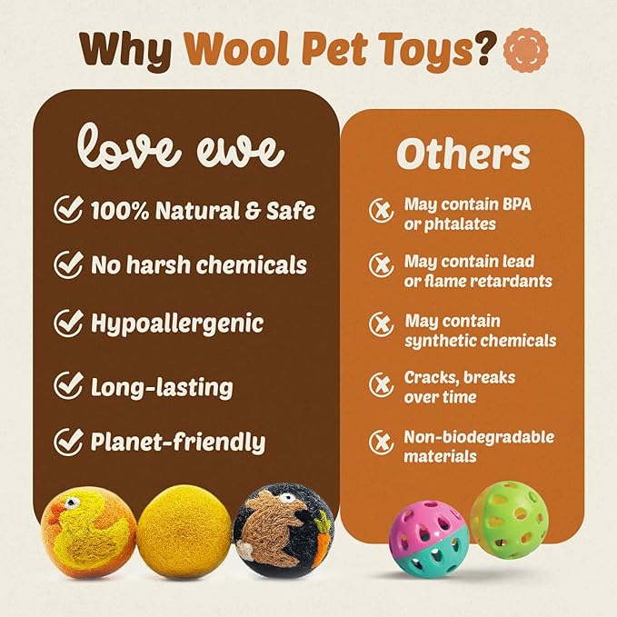 Hustle & Blush Love Ewe Felted Cat Toys 3 Pack - 2 Inch Duck & Bunny Hand Made Cute & Fun Design Kitten Wool Felt Balls for Indoor Play & Exercise - 100% New Zealand Handmade - Holiday Pet