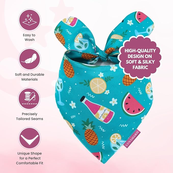 LunaMarie - Luxury Pet Birthday Bandanas -Premium & Silky Poly Fabric | 100% Handmade | Custom Shape Dual Layered (Sippin' Poolside, Small)
