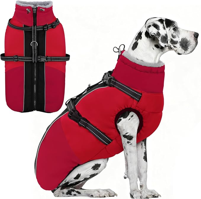 AOFITEE Dog Coat for Large Dogs, XXXL Dog Winter Jacket with Harness Built in, Turtleneck Cold Weather Coat for Extra Large Dogs, Reflective Pet Fleece Jacket with Zipper for Great Dane, Red 3XL