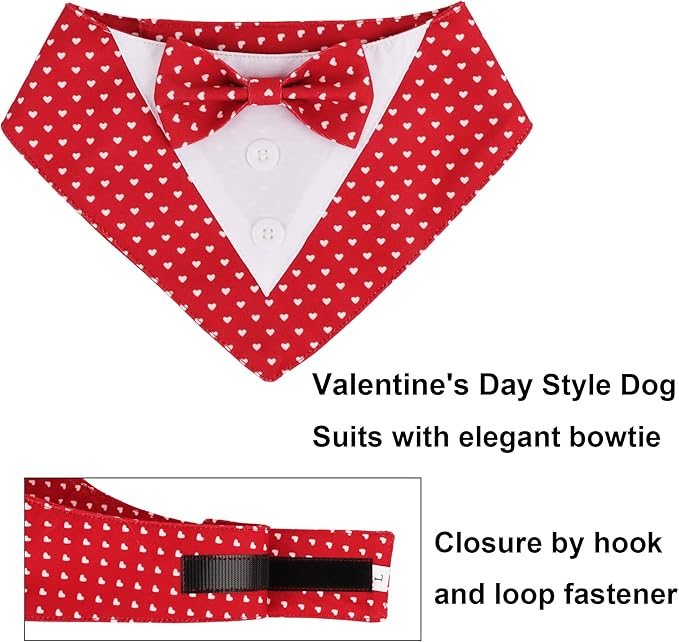 ADOGGYGO Valentine Dog Tuxedo Bandana, Red Heart Pet Tux with Bowtie Adjustable Valentine Costume for Medium Dogs Pets (M)