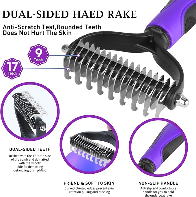 Dog Brush Kit - Self-Cleaning Slicker Brush with Bath Brush & Undercoat Rake | Deshedding Tools for Large - Small Dogs & Cats, Professional 3-in-1 Pet Grooming Set for Heavy Shedding, Purple