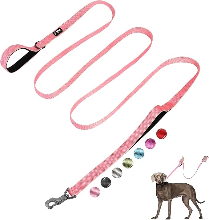 Fida 10ft Heavy Duty Dog Leash with 2 Comfortable Padded Handles, Traffic Handle & Advanced Easy Snap Hook, Reflective Walking Lead for Large, Medium & Small Breed Dogs, Pink