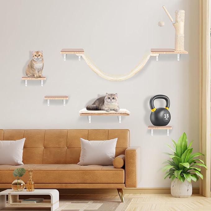 Wall Mounted Cat Climber Set, Cat Wall Shelves,with Hammock,Jumping Boards,Sofa,Steps,Scratching Post,Hanging Ball and Felt Pads, Suit for Cats Climb, Jump,Scratch-Beige