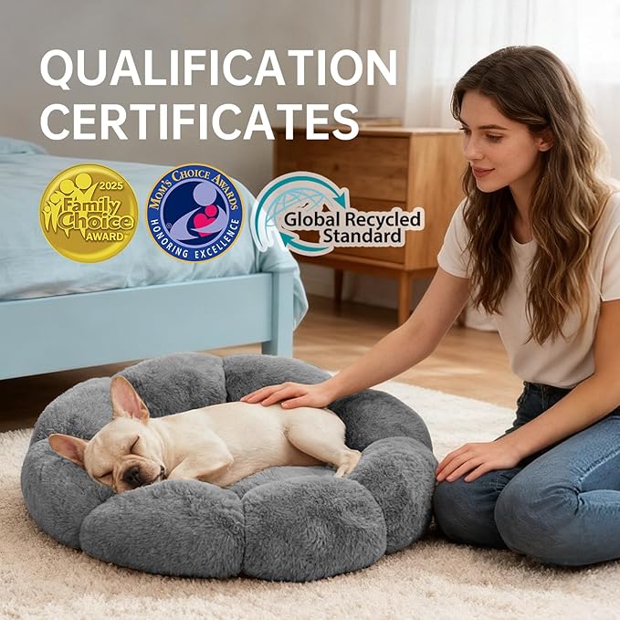 OhGeni 24 inches Calming Donut Dog & Cat Bed for Small Pets, Warming Comfort Fluffy Short Pile Fur, Durable Machine Washable Round Bed, Cute Round Bed for Puppy and Kitten, Dark Gray