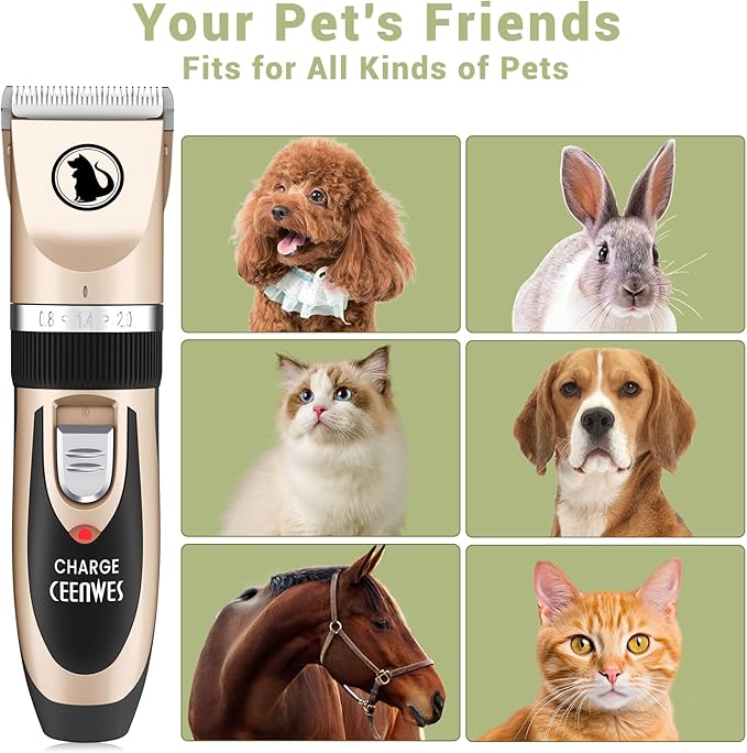 Ceenwes Dog Clippers Low Noise Pet Clippers Rechargeable Trimmer Cordless Grooming Tool Professional Dog Hair Trimmer with Comb Guides Scissors for Dogs Cats & Others（Gold）
