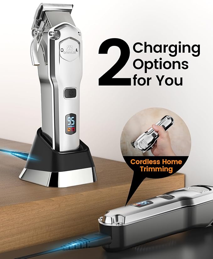 oneisall Professional Dog Grooming Clippers: Cordless Rechargeable Thick Hair Clipper with Detachable Metal Combs, Low Noise Heavy-Duty Pet Clippers for Curly/Fine/Wavy Hair, 676pro (Silver)