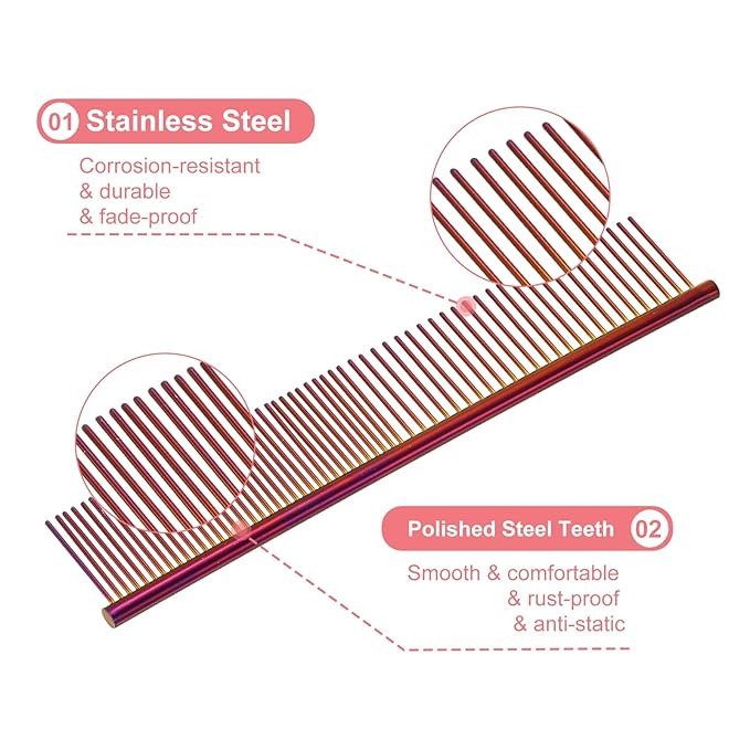 Dog Cat Comb, Pet Combs Stainless Steel Teeth with Rounded Ends for Knots Mats Loose Hair Removal, 7.5IN (Purple Plated, 3 Pack), Grooming Tool Intended for Long Curly Hair Pet