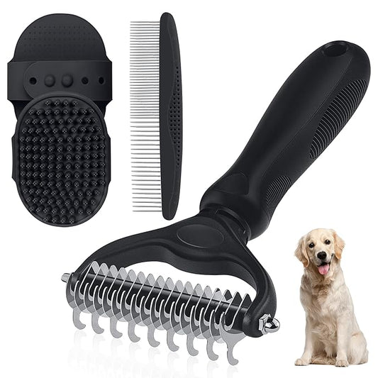 Double-Sided Pet Grooming Rake - 4-in-1 Professional Pet Grooming Kit, Deshedding Dematting Tool for Dogs, Cats, Extra-Wide Grooming Brush & Deshedder Comb for Long and Short Haired Pets(4PCS Black)