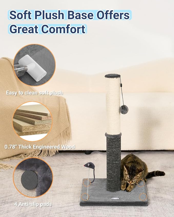 Happi N Pets 29.5" Tall Cat Scratching Post, Cat Scratcher for Indoor Cats, Sisal Scratch Post & Carpet Post in One, Stable Cat Scratch Post with Two Toys, Extra Free Toy, Smokey Gray