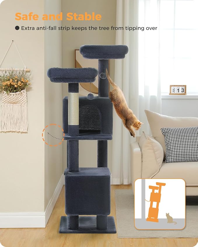 Cat Tree, 52.4" Multilevel Cat Tower for Indoor Cats, Plush Cat Tree House with 2 Padded Perches, 2 Condos & 2 Scratching Posts, Dark Gray